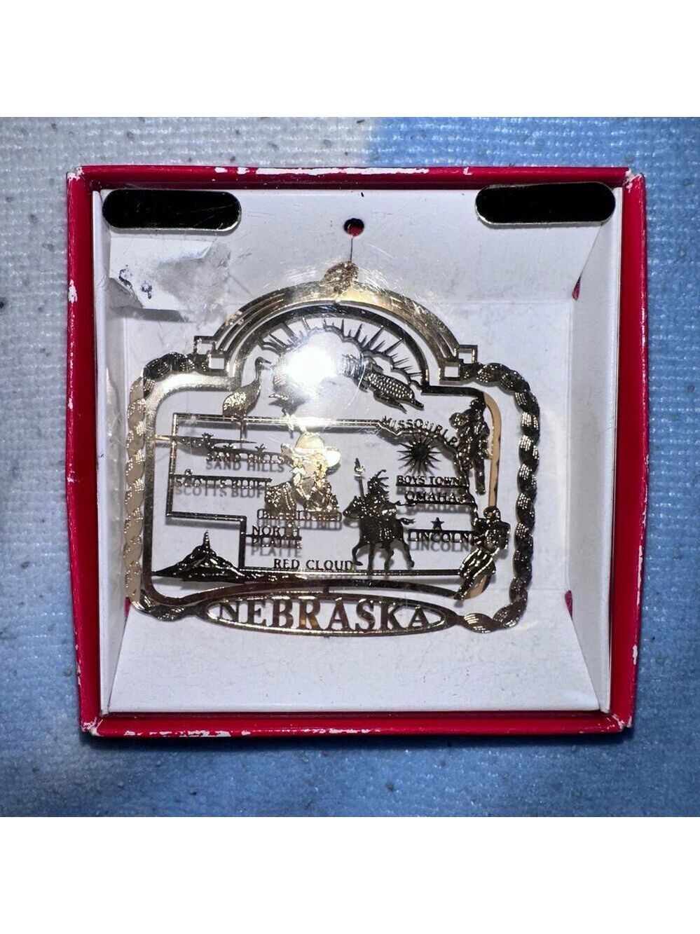 NOS Vintage Nation’s Treasure Genuine 24K Gold Flashed Brass Ornament Nebraska